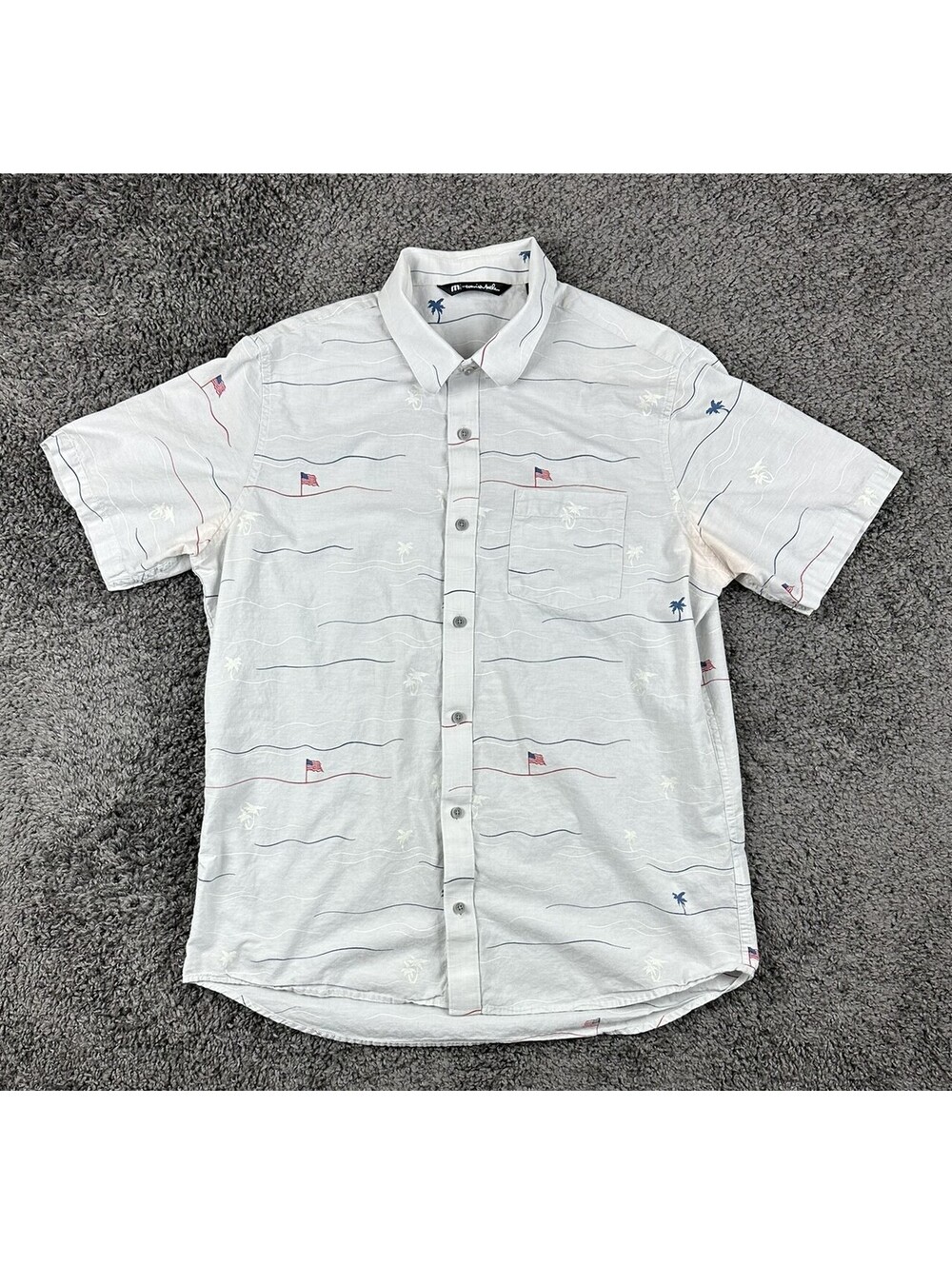 TravisMathew Men's American Flag Palm Tree Print Button-Down Shirt Large